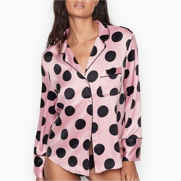 Victoria's Secret After Hours Satin Polka Dot Button Front Lounge Sleep Shirt